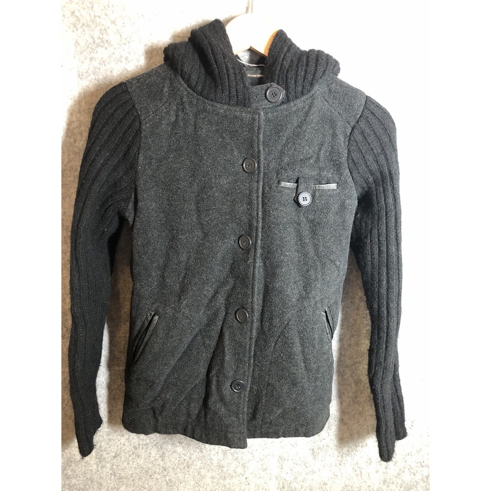 Smartwool Coat Mens Medium Black Ribbed Sleeves Hood Button Up Outdoors